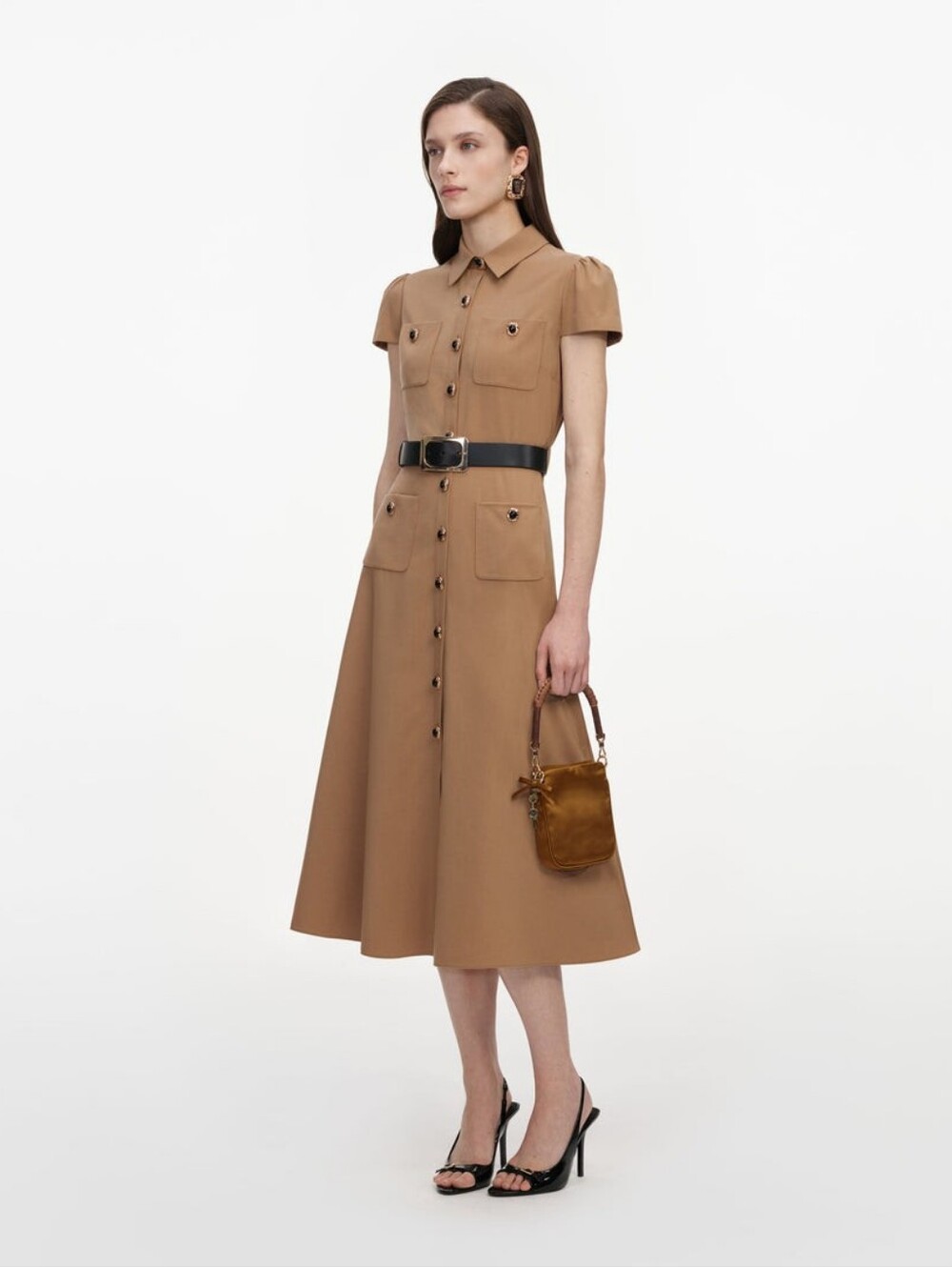 Self Portrait Tan Twill Belted Midi Dress - Picture 2 of 6